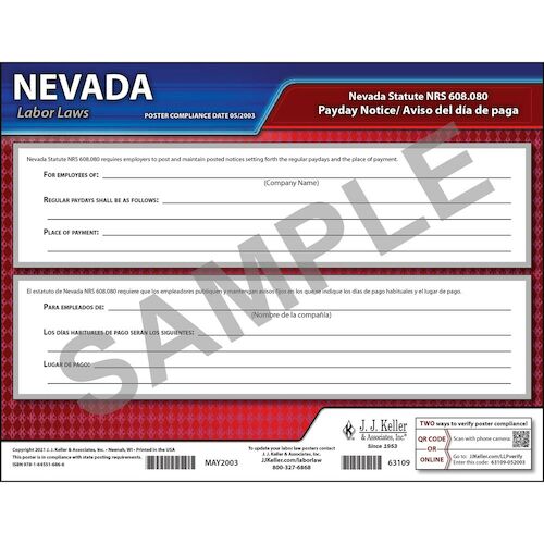 J. J. Keller Nevada Payday Notice Poster - Laminated, Bilingual