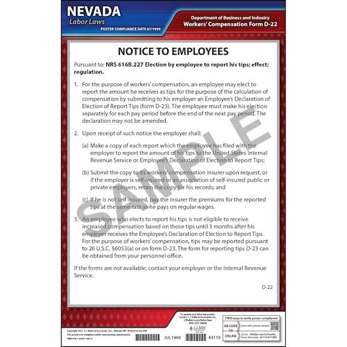 J. J. Keller Nevada Tipped Employee Poster - Laminated