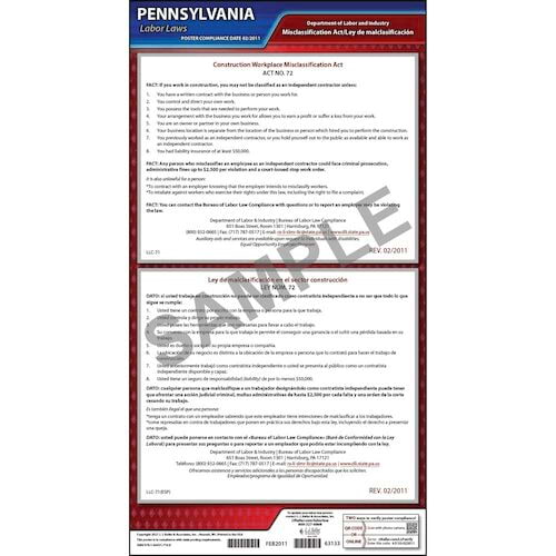 J. J. Keller Pennsylvania Construction Workplace Misclassification Act Poster - Laminated
