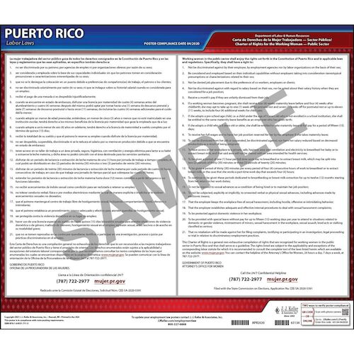 J. J. Keller Puerto Rico Working Women's Bill of Rights Law Poster - Laminated