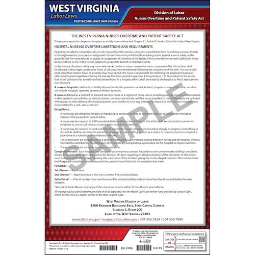 J. J. Keller West Virginia Nurses Overtime and Patient Safety Act Poster - Laminated