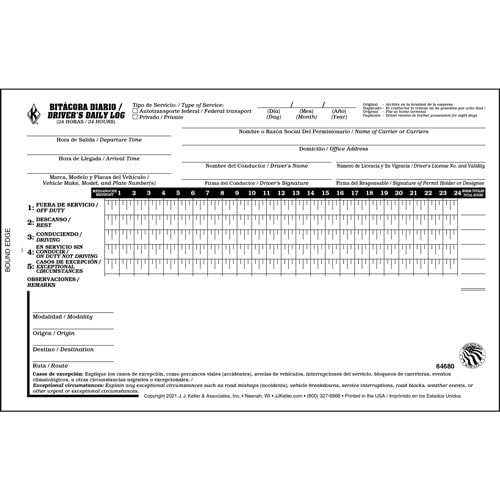 J. J. Keller Mexico Driver's Daily Log Book w/Simplified DVIR - Stock, 2-Ply, Carbon, Bilingual, 5-1/2" W x 8-1/2" L