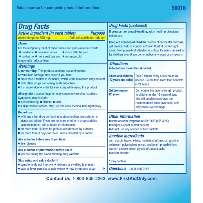 First Aid Only PhysiciansCare Extra-Strength Non-Aspirin Tablets, 100 Count, 500mg