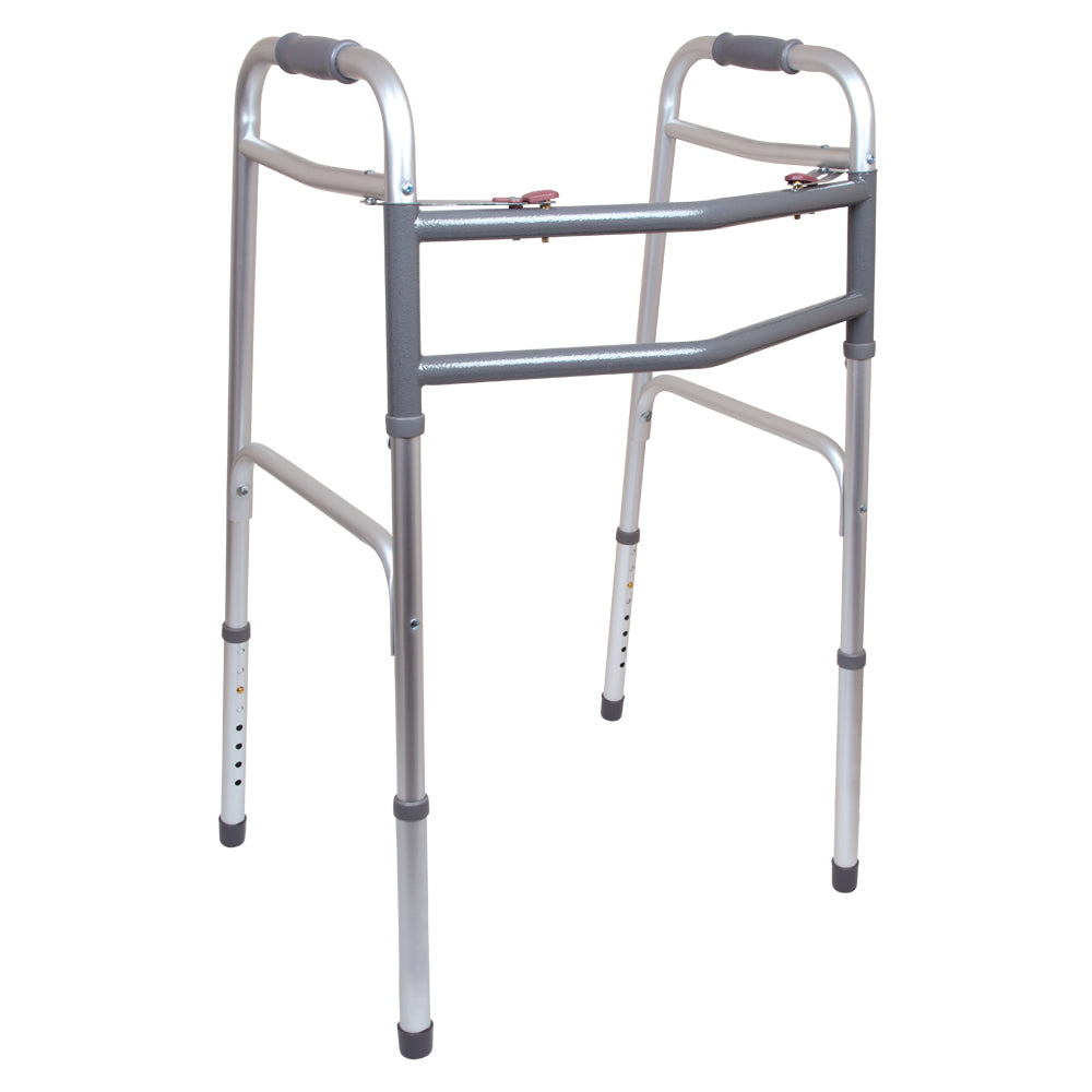 Compass Health ProBasics Economy Two-Button Folding Steel Walker with Wheels