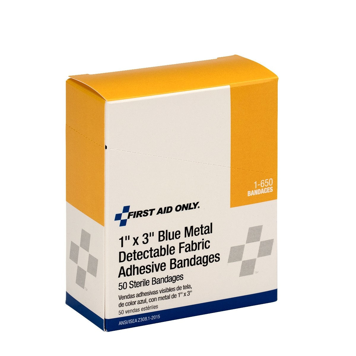First Aid Only 1"x 3" Blue Metal Detectable Fabric Bandages, 50 Per Box