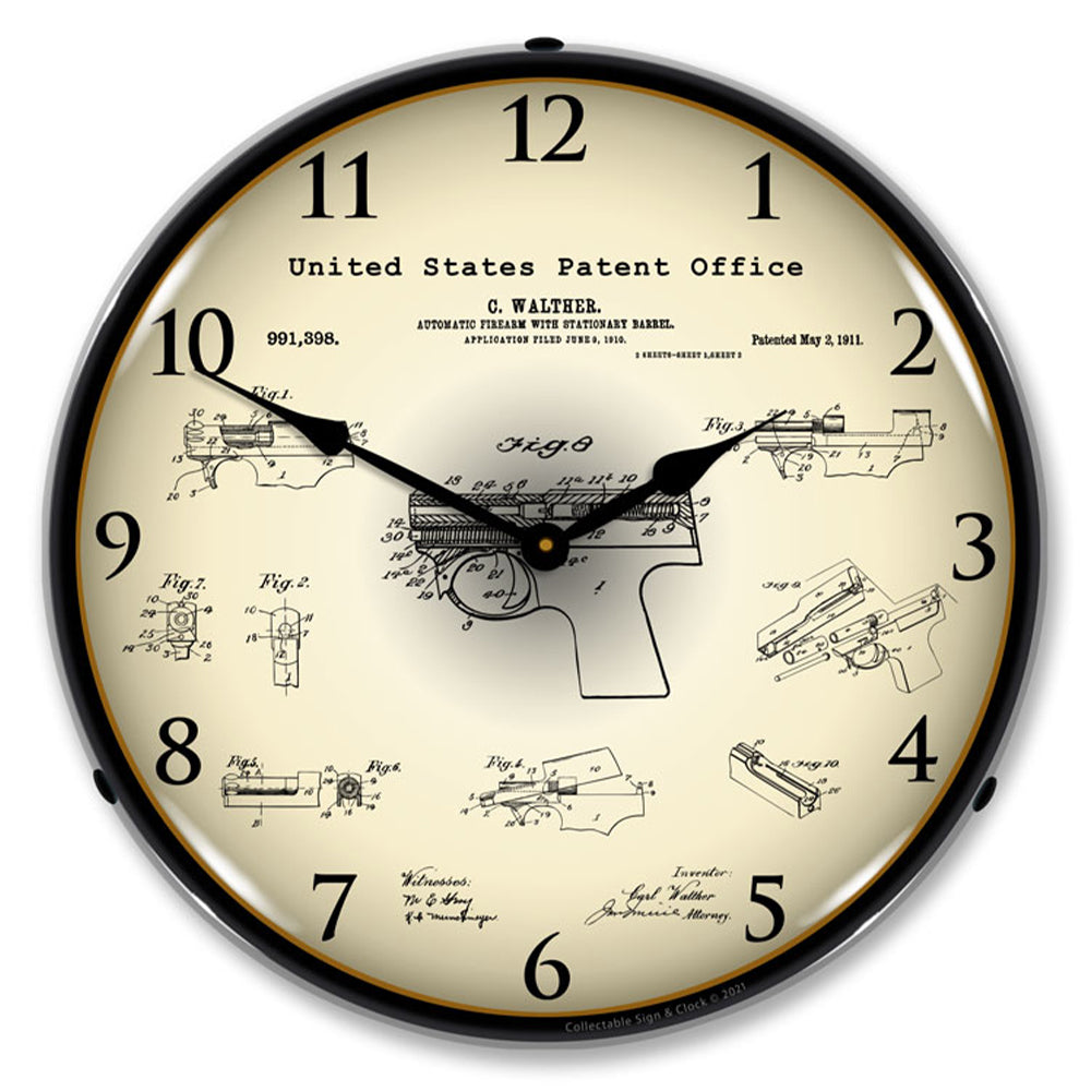 Walther PPK Firearm 1911 Patent 14" LED Wall Clock