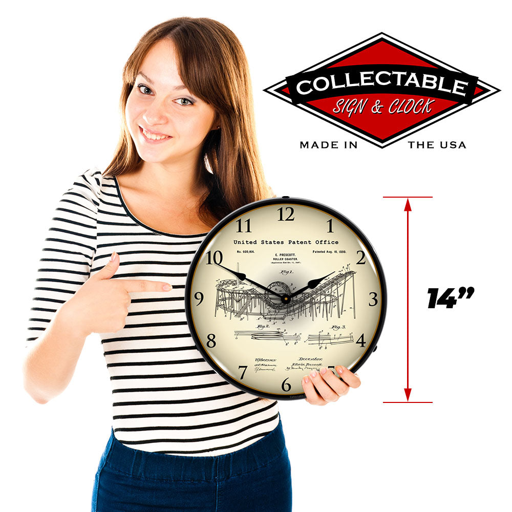 1898 Prescott Roller Coaster Patent 14" LED Wall Clock