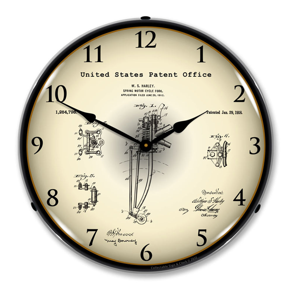 1917 Harley Davidson Springer Front Fork Patent 14" LED Wall Clock