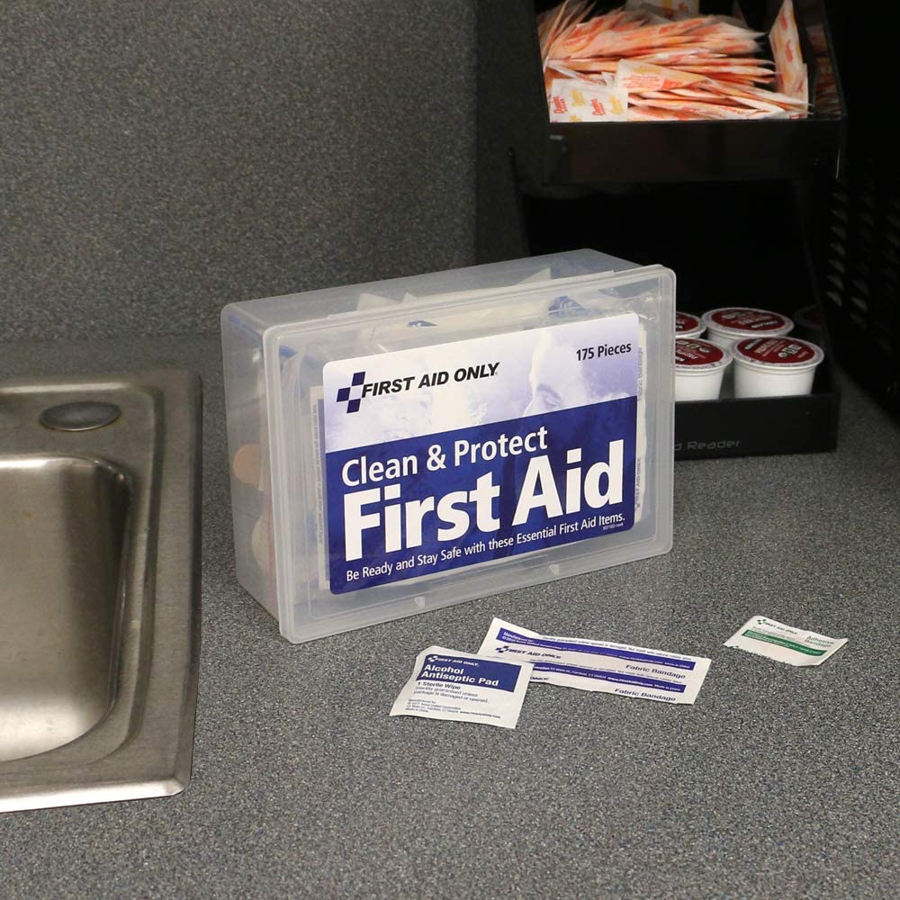 First Aid Only 175 Pieces, Clean and Protect First Aid Kit, Plastic Case