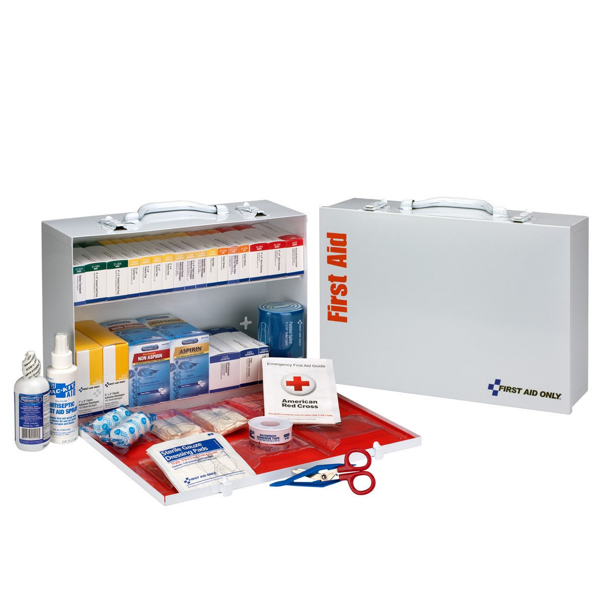 First Aid Only 75 Person 2 Shelf First Aid Metal Cabinet, ANSI B+, Type I and II, with Medications