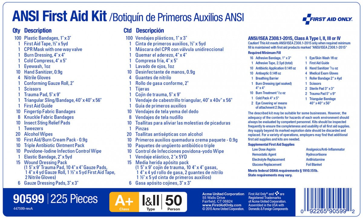 First Aid Only 50 Person Bulk First Aid Kit, ANSI A+, Type I and II, Nylon Soft Fabric Case