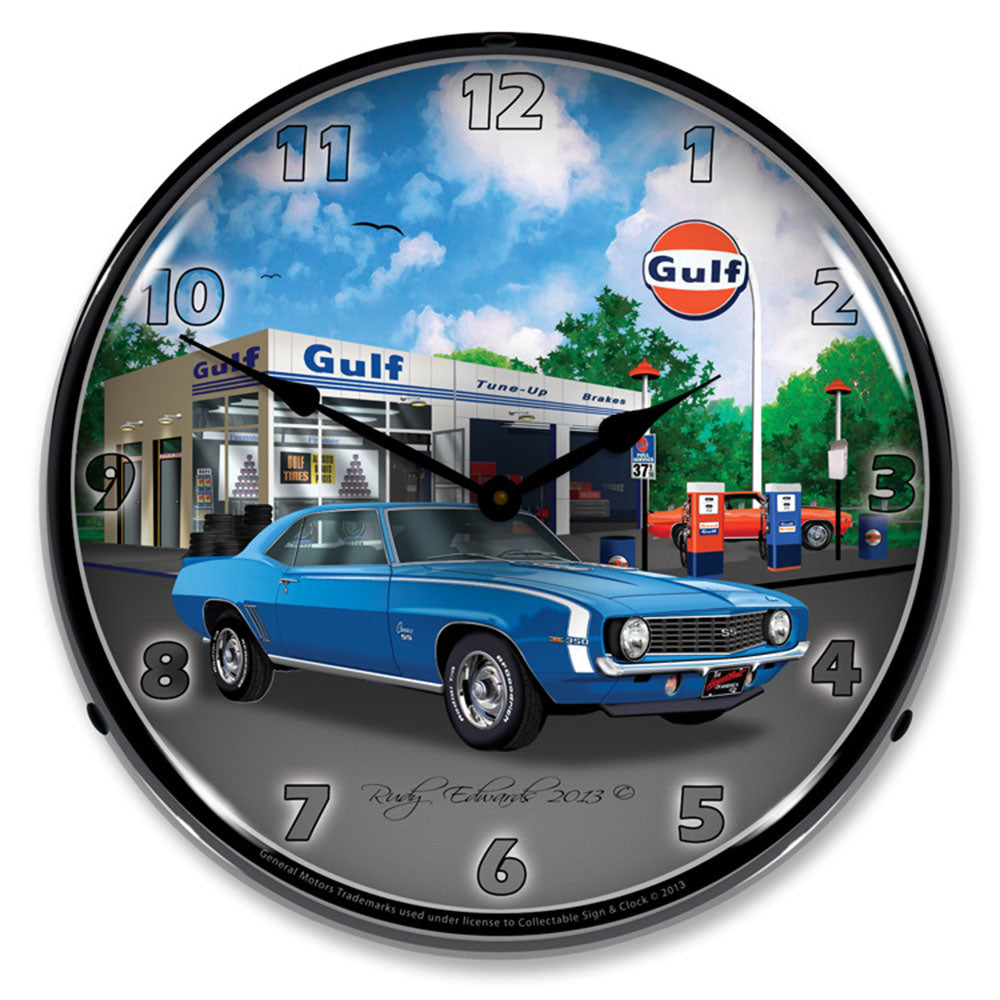 1969 SS Camaro at Gulf Station, 14" LED Wall Clock