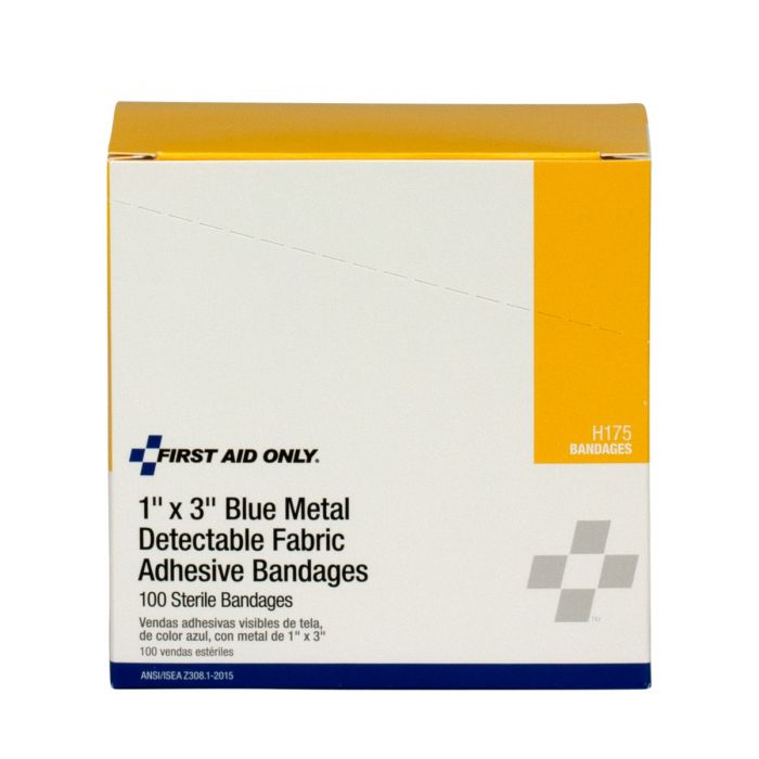 First Aid Only 1" x 3" Blue Metal Detectable Fabric Bandages, 100 Per Box