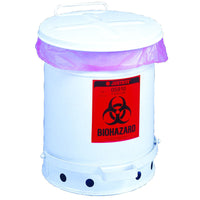 Justrite Biohazard Waste Can, 10 Gallon, Foot-Operated Self-Closing SoundGard Cover