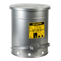 Justrite Oily Waste Can, 14 Gallon, Foot-Operated Self-Closing SoundGard Cover, Silver