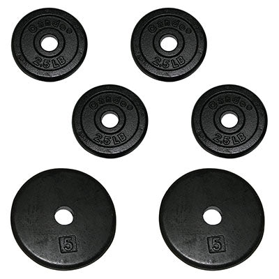 CanDo Iron Disc Weight Plates, 20 lb set (4 ea: 2.5 lb weights and 2 ea: 5 lb weights), 1" dia. — for Strength Training and Rehabilitation