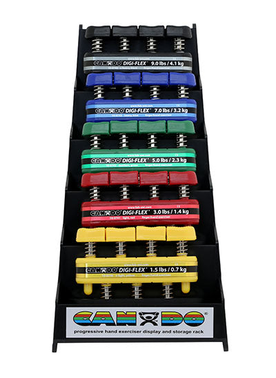 CanDo Digi-Flex hand exerciser - set of 5 (yellow, red, green, blue, black), with plastic rack — for Hand Strength and Dexterity Therapy
