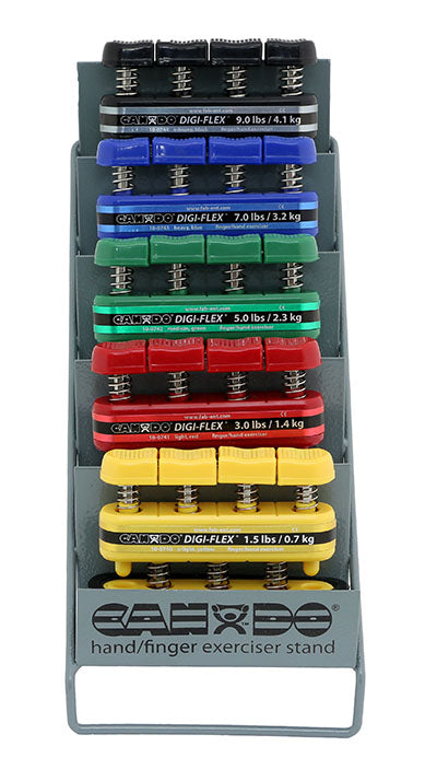 CanDo Digi-Flex hand exerciser - set of 5 (yellow, red, green, blue, black), with metal rack — for Hand Strength and Dexterity Therapy