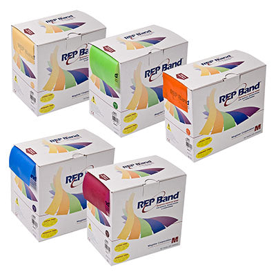 REP Band exercise band - latex free, set of 5 (1 each: peach, orange, lime, blueberry, plum) — for Resistance Training and Rehabilitation