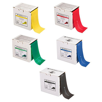TheraBand exercise band - latex free - Twin-Pak 100 yards, set of 5 (1 each: yellow, red, green, blue, black) — for Resistance Training and Rehabilitation
