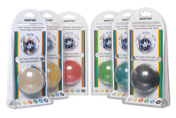 CanDo Gel Squeeze Ball, Standard Circular, 6-piece set (tan, yellow, red, green, blue, black) — for Hand Strength and Dexterity Therapy