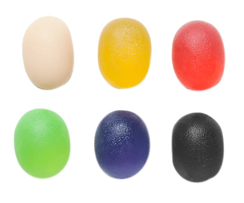 CanDo Gel Squeeze Ball, Large Cylindrical, 6-piece set (tan, yellow, red, green, blue, black) — for Hand Strength and Dexterity Therapy