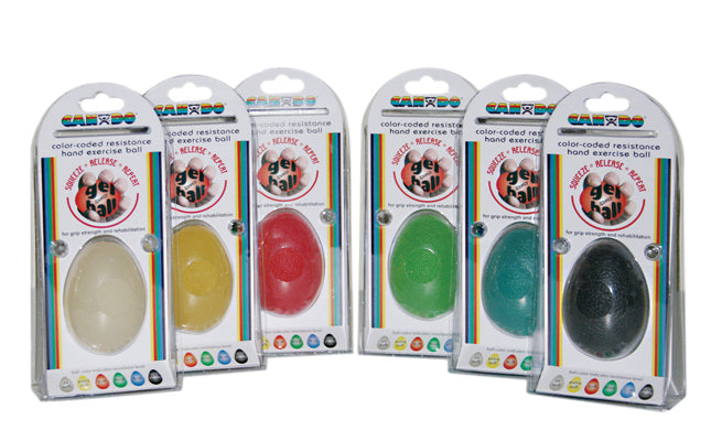 CanDo Gel Squeeze Ball, Large Cylindrical, 6-piece set (tan, yellow, red, green, blue, black) — for Hand Strength and Dexterity Therapy