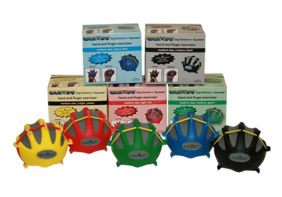 CanDo Digi-Extend n' Squeeze Hand Exerciser - Large - 5-piece set (yellow, red, green, blue, black), no stand — for Hand Strength and Dexterity Therapy