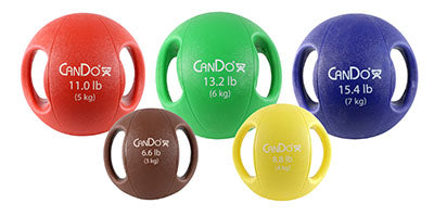 CanDo Molded Dual Handle Medicine Ball, 5-piece set (1 ea: tan through blue) — for Strength Training and Rehabilitation