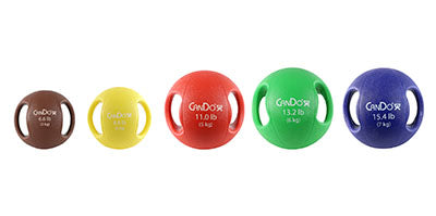 CanDo Molded Dual Handle Medicine Ball, 5-piece set (1 ea: tan through blue) — for Strength Training and Rehabilitation