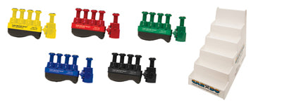 CanDo Digi-Flex Thumb - Set of 5 (1 each: yellow, red, green, blue, black), with plastic stand — for Hand Flexion in Clinical and Institutional Care