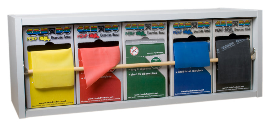 CanDo Dispens-a-Band exercise band rack, wood, 5 rolls — for Resistance Training and Rehabilitation