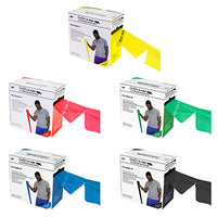 CanDo Low Powder Exercise Band - 100 yard Perf 100 rolls, 5-piece set (1 each: yellow, red, green, blue, black) — for Resistance Training and Rehabilitation