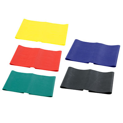 CanDo Low Powder Exercise Band - box of 30, 5' length - Set of 5 (Yellow - Black) — for Resistance Training and Rehabilitation