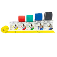 CanDo Low Powder Exercise Band - 6 yard rolls, 5-piece set (1 each: yellow, red, green, blue, black) — for Resistance Training and Rehabilitation