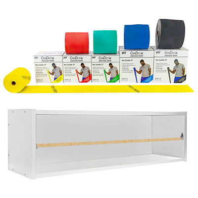 CanDo Dispens-a-Band exercise band rack, wood, 5 rolls, INCLUDING: 5 x 50 yard CanDo low powder set (yellow, red, green, blue, black) — for Resistance Training and Rehabilitation