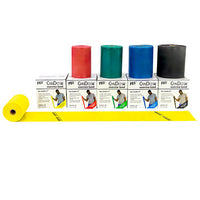 CanDo Low Powder Exercise Band - 6 yard rolls, 5-piece set (1 each: yellow, red, green, blue, black) — for Resistance Training and Rehabilitation
