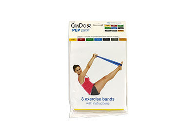CanDo Low Powder Exercise Band Pep Pack - Easy with yellow, red and green band — for Resistance Training and Rehabilitation