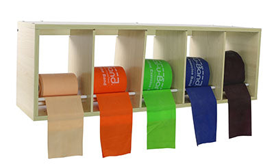 Val-u-Band CanDo exercise band rack, plastic, 5 rolls, INCLUDING: Val-u-Band - Latex Free - 5 x 50 yard rolls (peach, orange, lime, blueberry, plum) — for Resistance Training and Rehabilitation
