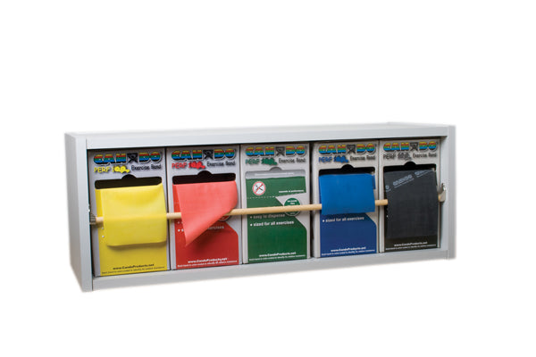 CanDo Dispens-a-Band exercise band rack, wood, 5 rolls, INCLUDING: 5 x 100 yard CanDo Perf 100 low powder set (yellow, red, green, blue, black) — for Resistance Training and Rehabilitation