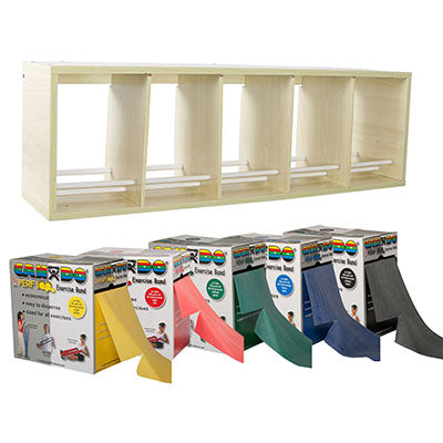 CanDo exercise band rack, plastic, 5 rolls, INCLUDING: Perf 100 - Latex Free- 5 x 100 yard rolls (yellow, red, green, blue, black) — for Resistance Training and Rehabilitation