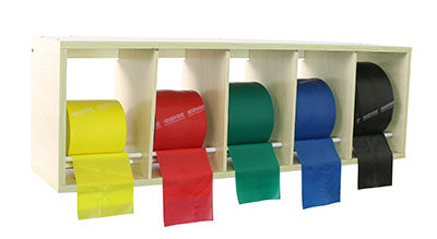 CanDo exercise band rack, plastic, 5 rolls, INCLUDING: 5 x 50 yard CanDo low powder set (yellow, red, green, blue, black) — for Resistance Training and Rehabilitation