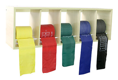 CanDo exercise band rack, plastic, 5 rolls, INCLUDING: 5 x 50 yard CanDo AccuForce low powder set (yellow, red, green, blue, black) — for Resistance Training and Rehabilitation
