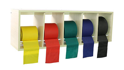 CanDo exercise band rack, plastic, 5 rolls, INCLUDING: Sup-R Band - Latex Free - 5 x 50 yard rolls (yellow, red, green, blue, black) — for Resistance Training and Rehabilitation