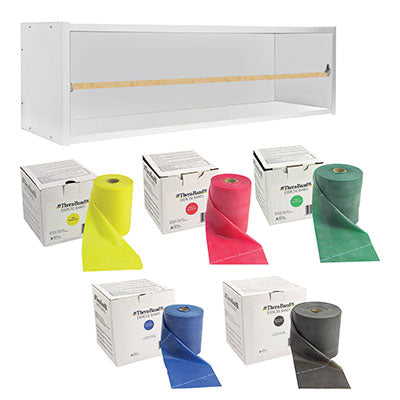 CanDo Dispens-a-Band exercise band rack, wood, 5 rolls, INCLUDING: 5 x 50 yard TheraBand latex set (yellow, red, green, blue, black) — for Resistance Training and Rehabilitation