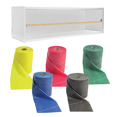 CanDo Dispens-a-Band exercise band rack, wood, 5 rolls, INCLUDING: 5 x 50 yard TheraBand latex free set (yellow, red, green, blue, black) — for Resistance Training and Rehabilitation