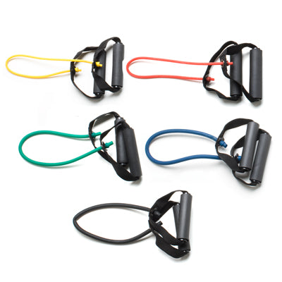 CanDo Tubing with Handles Exerciser - 18", 5-piece set (1 each: yellow, red, green, blue, black) — for Resistance Tubing in Clinical and Institutional Care