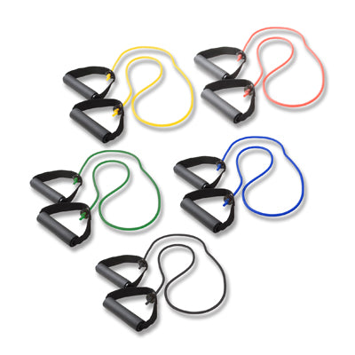 CanDo Tubing with Handles Exerciser - 48", 5-piece set (1 each: yellow, red, green, blue, black) — for Resistance Tubing in Clinical and Institutional Care
