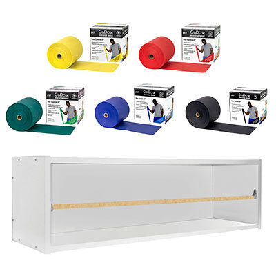 CanDo Dispens-a-Band exercise band rack, wood, 5 rolls, INCLUDING: 5 x 50 yard CanDo latex free set (yellow, red, green, blue, black) — for Resistance Training and Rehabilitation