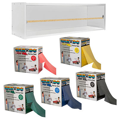 CanDo Dispens-a-Band exercise band rack, wood, 5 rolls, INCLUDING: 5 x 100 yard CanDo Perf 100 latex free set (1 each: yellow, red, green, blue, black) — for Resistance Training and Rehabilitation